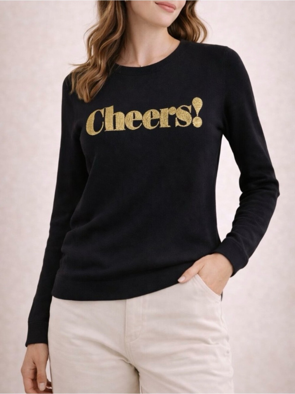 J. Crew Black Crewneck Sweater with Gold "Cheers!" Script